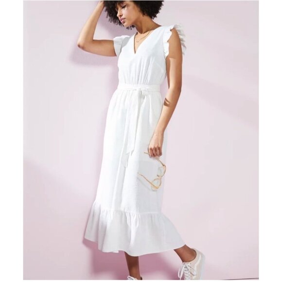 PopSugar Women's Linen Cotton White Ruffle Sleeve Belted Midi Dress XL V-Neck - Picture 2 of 10